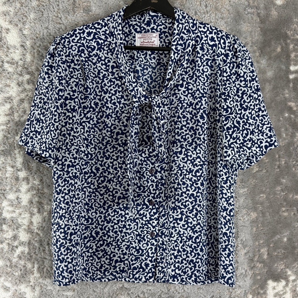 Pendleton Petite Size 12p‎ Bow Scroll Print Blouse Blue Short Sleeve Women